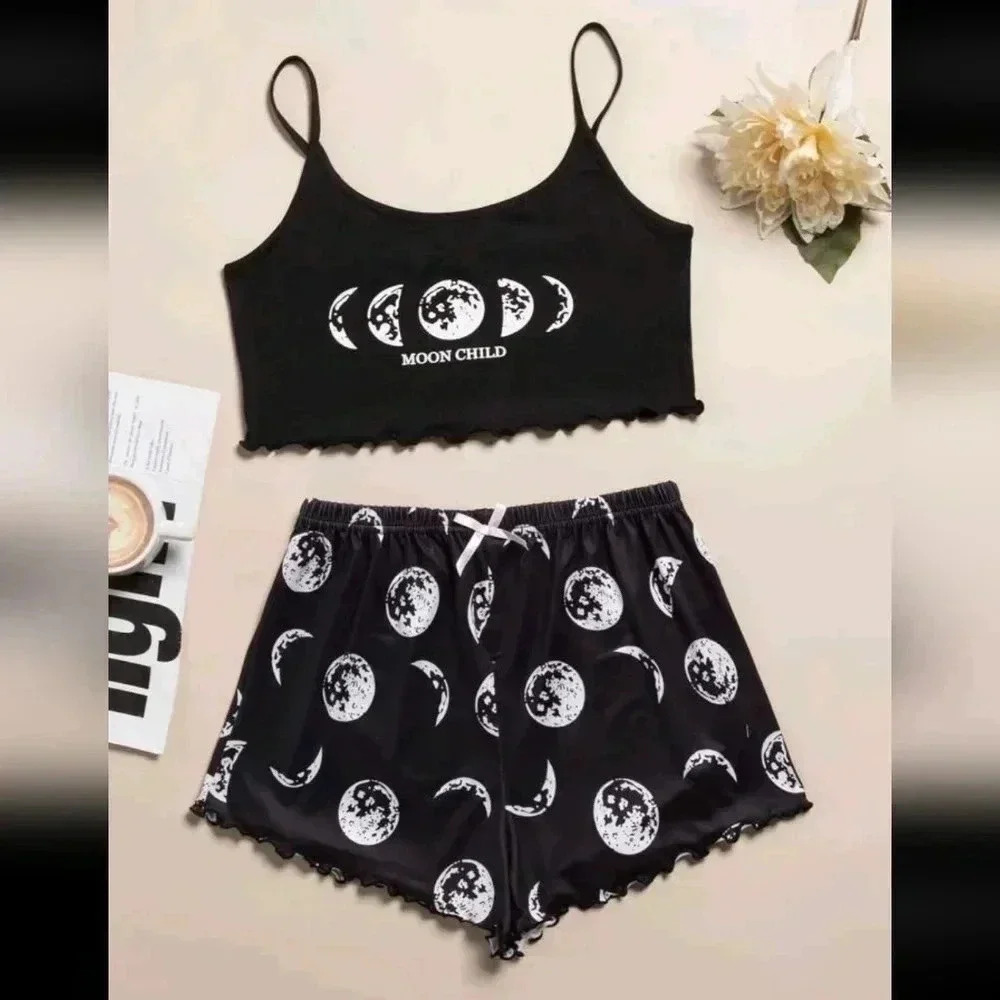 Moon Gothic Style two piece set shorts tank tops shirt women's XL black night